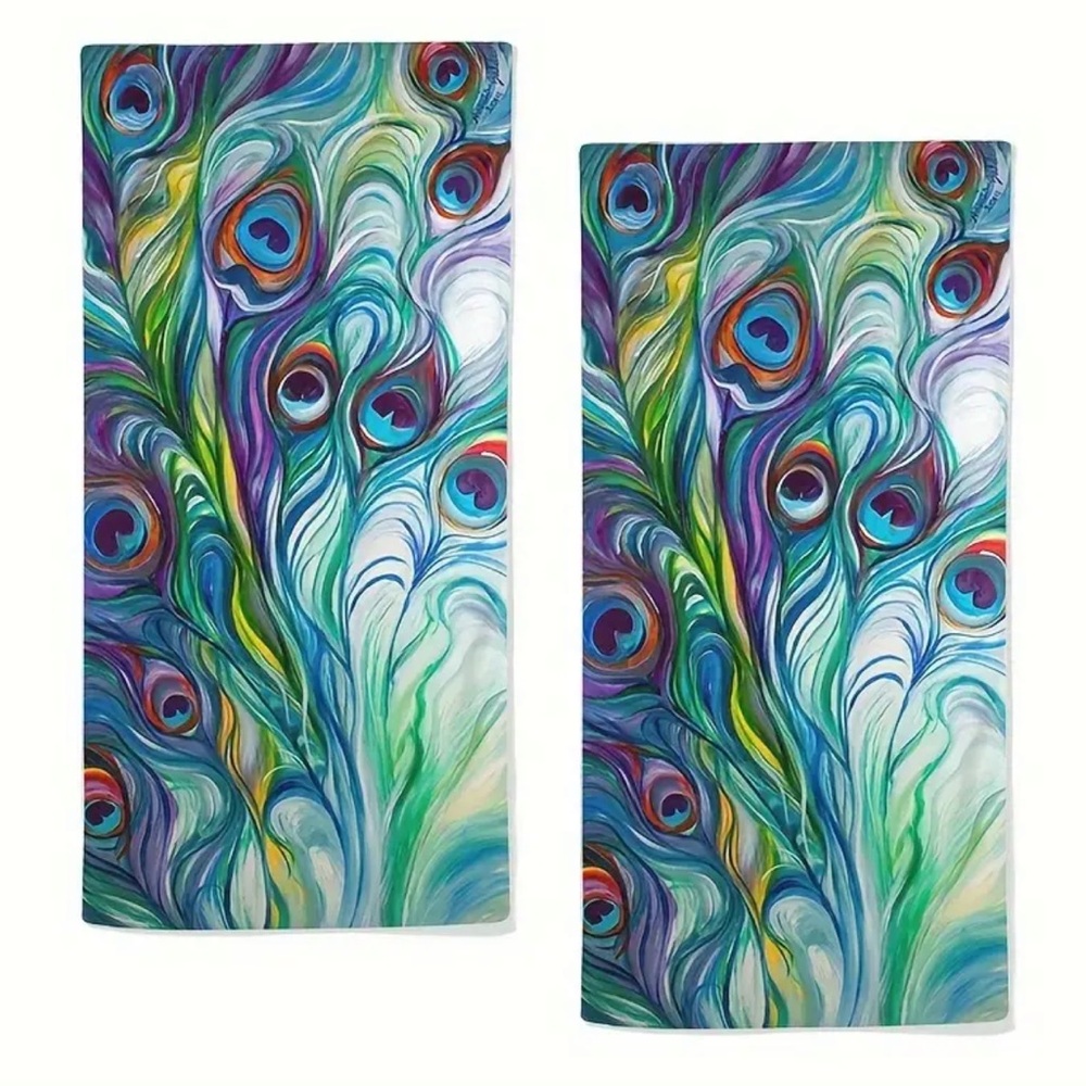 Peacock Feather Hand Bath or Kitchen Towels, Set of 2